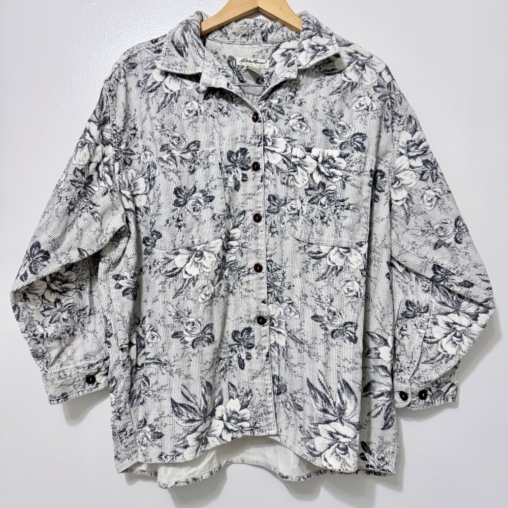 Vintage Eddie Bauer Black White Floral Corduroy Shacket Button Down XL Petite